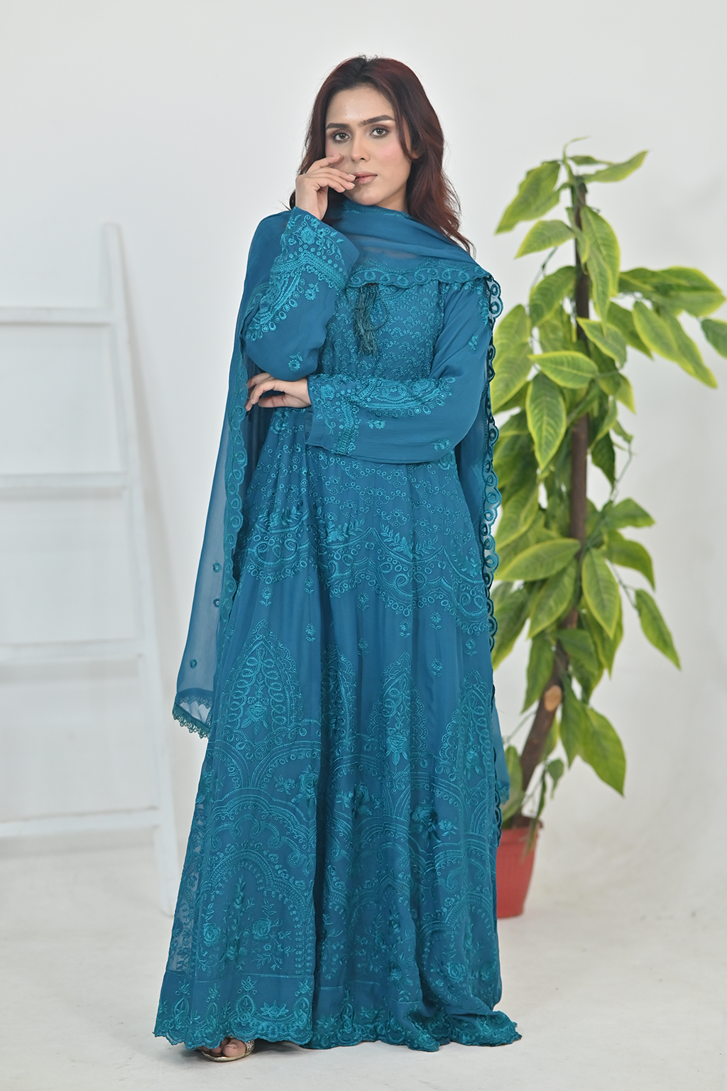 Deep Teal Luxury Embroidered Formal Maxi Dress with Embroidered Dupatta & Trouser