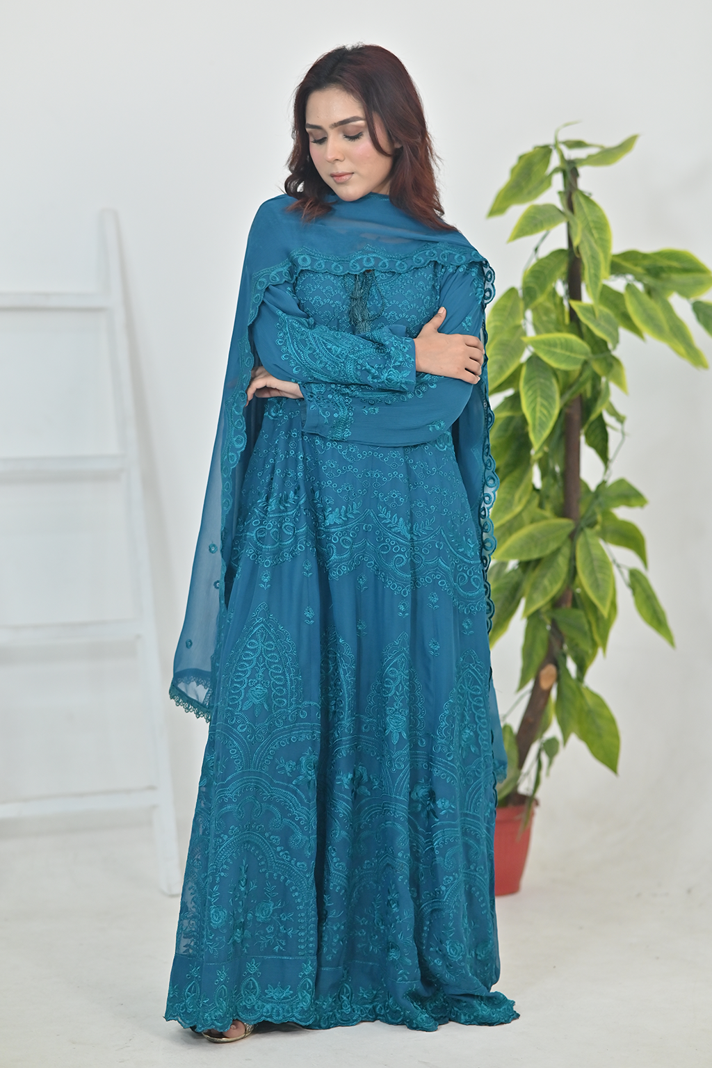 Deep Teal Luxury Embroidered Formal Maxi Dress with Embroidered Dupatta & Trouser