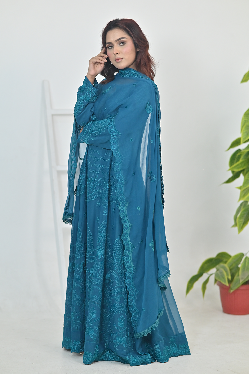 Deep Teal Luxury Embroidered Formal Maxi Dress with Embroidered Dupatta & Trouser