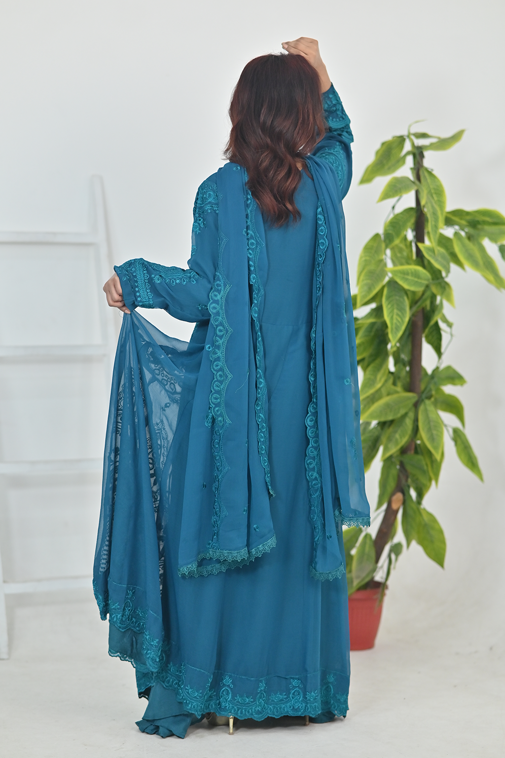 Deep Teal Luxury Embroidered Formal Maxi Dress with Embroidered Dupatta & Trouser