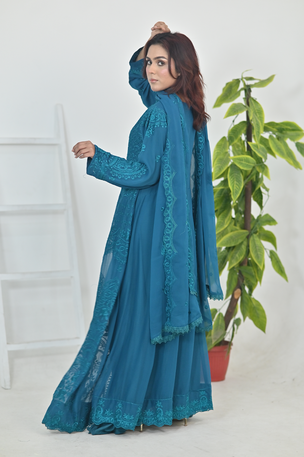 Deep Teal Luxury Embroidered Formal Maxi Dress with Embroidered Dupatta & Trouser