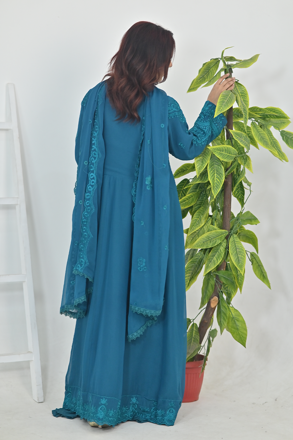 Deep Teal Luxury Embroidered Formal Maxi Dress with Embroidered Dupatta & Trouser