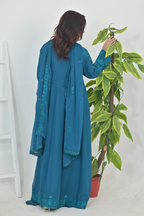 Deep Teal Luxury Embroidered Formal Maxi Dress with Embroidered Dupatta & Trouser