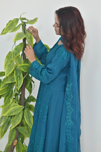 Deep Teal Luxury Embroidered Formal Maxi Dress with Embroidered Dupatta & Trouser