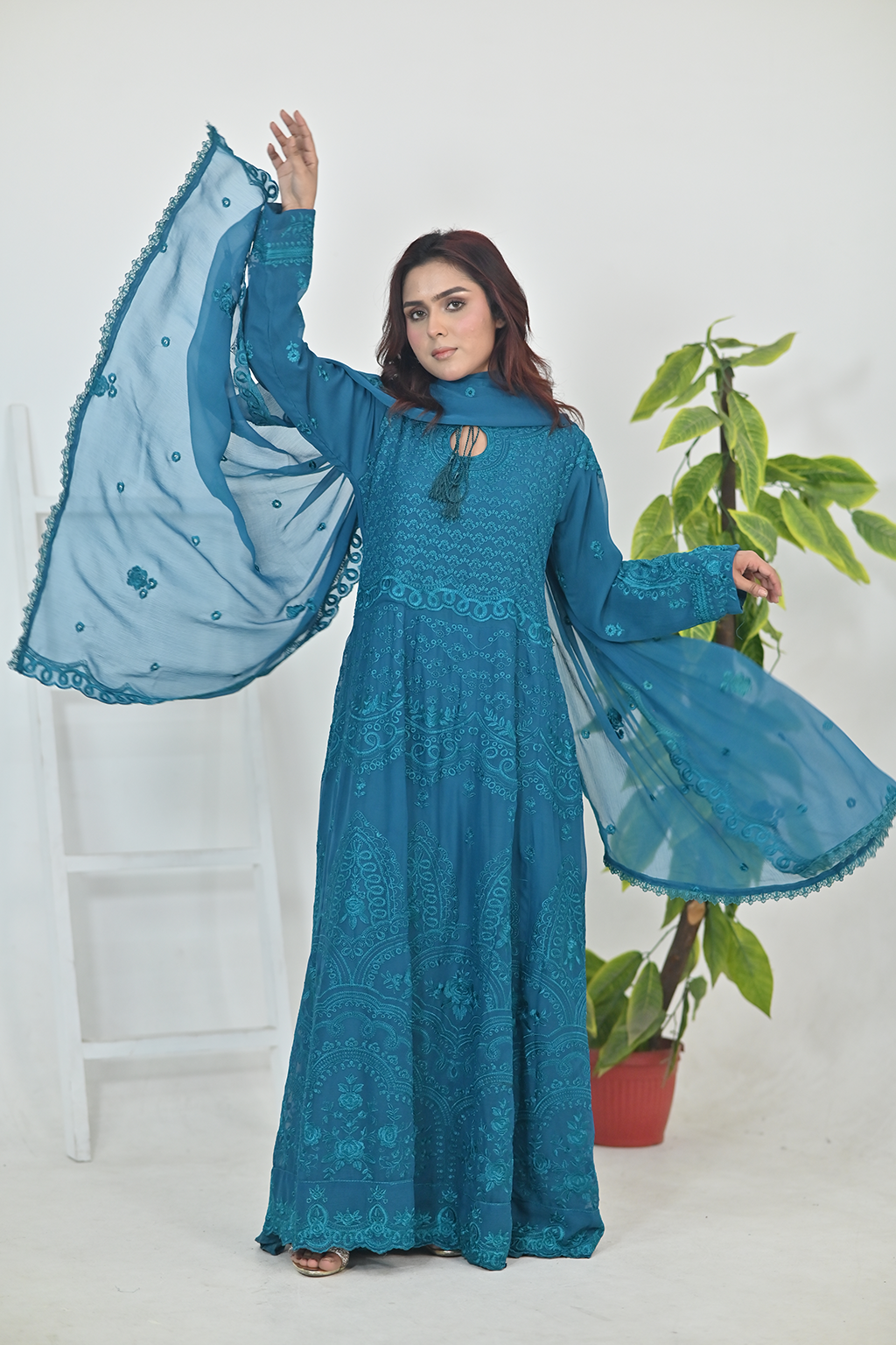 Deep Teal Luxury Embroidered Formal Maxi Dress with Embroidered Dupatta & Trouser