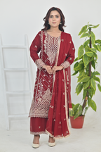 Deep Crimson Red Luxury Embroidered Occasion Edit  3PC Kurta Set