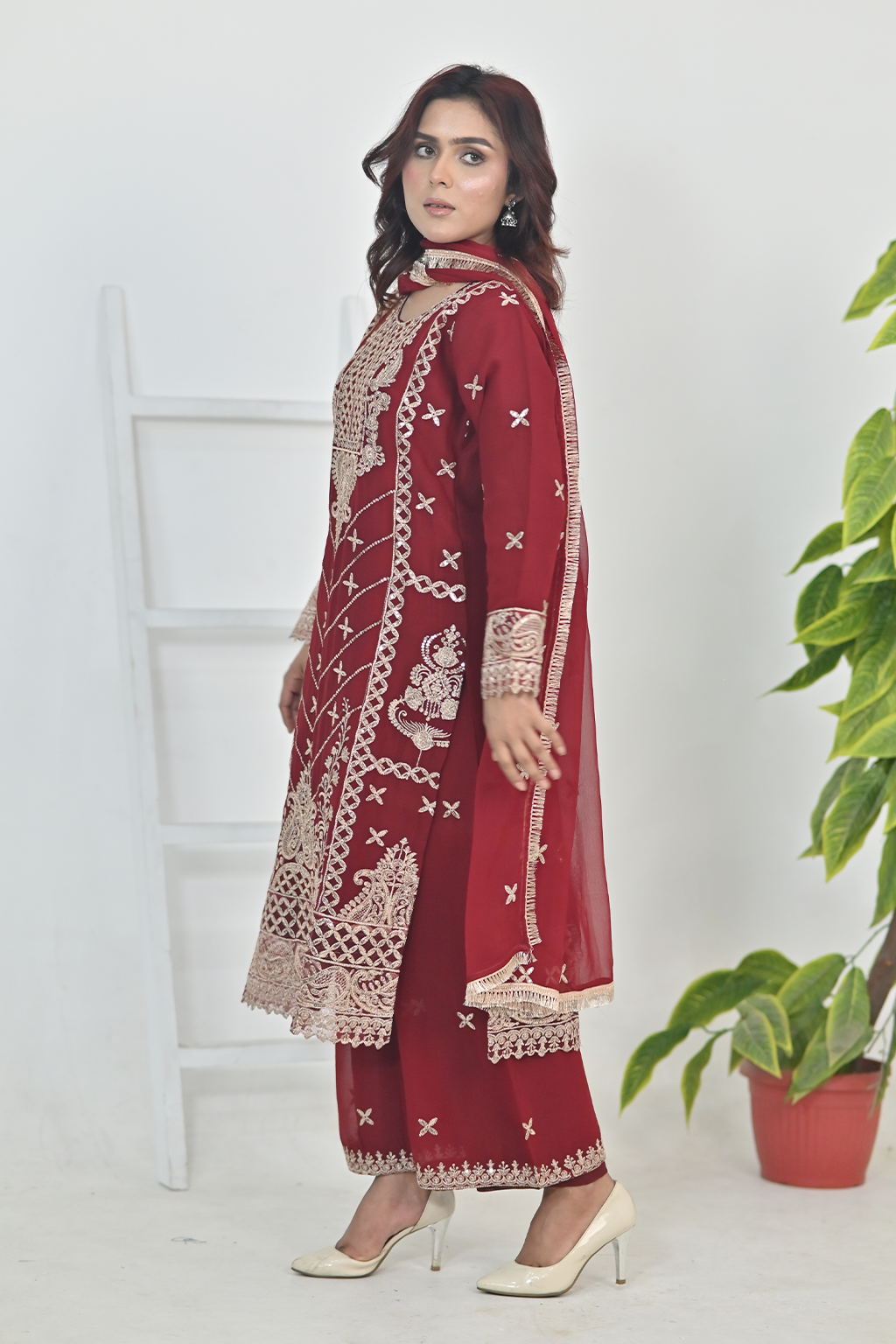 Deep Crimson Red Luxury Embroidered Occasion Edit  3PC Kurta Set