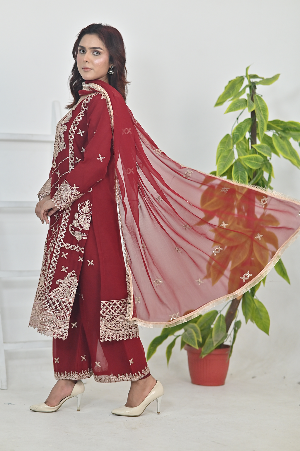 Deep Crimson Red Luxury Embroidered Occasion Edit  3PC Kurta Set