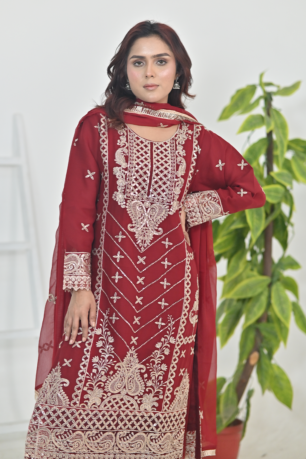 Deep Crimson Red Luxury Embroidered Occasion Edit  3PC Kurta Set