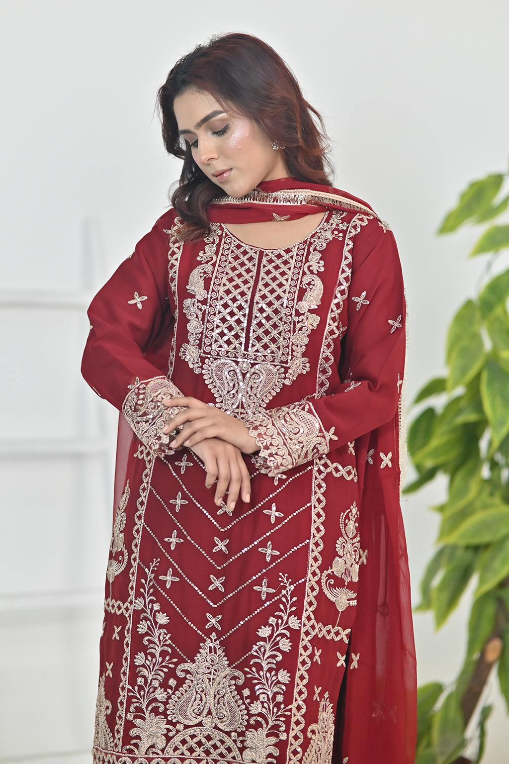 Deep Crimson Red Luxury Embroidered Occasion Edit  3PC Kurta Set