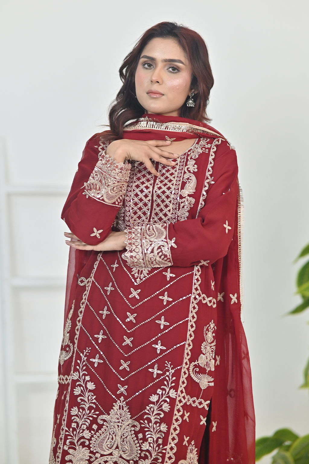 Deep Crimson Red Luxury Embroidered Occasion Edit  3PC Kurta Set
