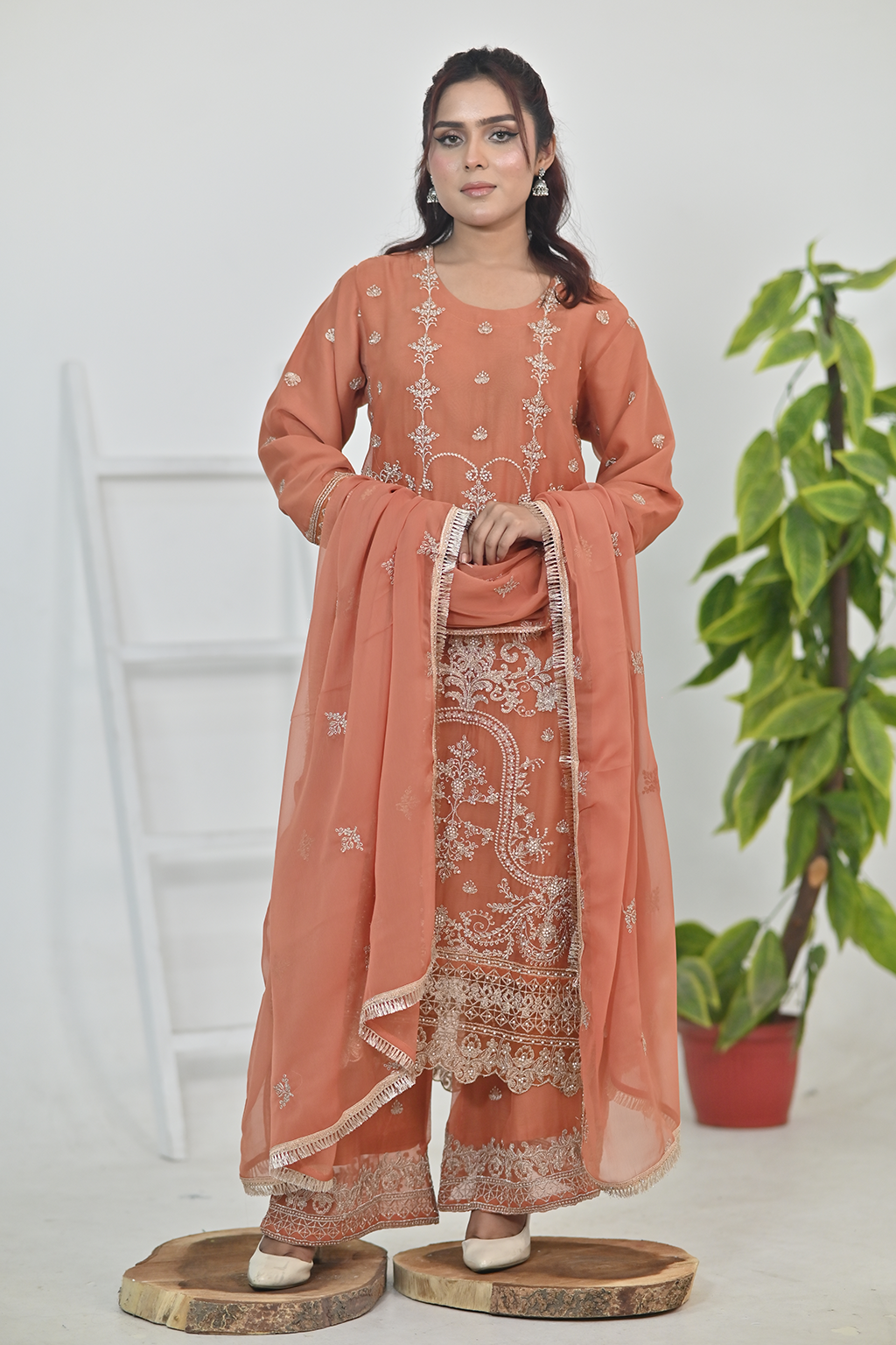 Terracotta orange Luxury Embroidered Chiffon 3PC Kurta Set
