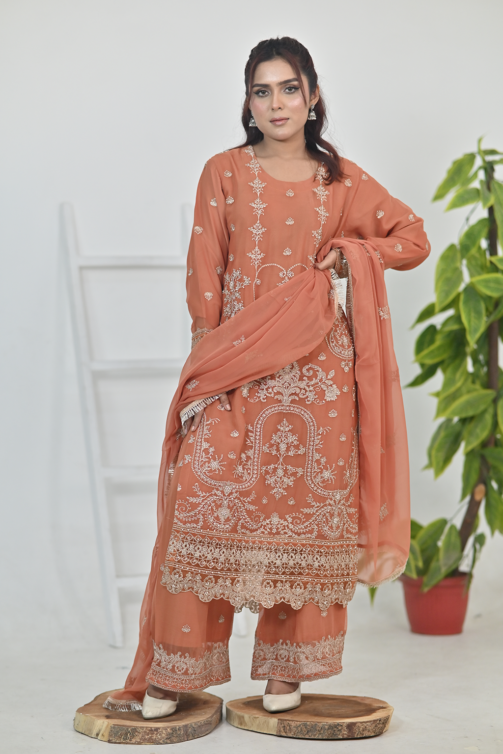 Terracotta orange Luxury Embroidered Chiffon 3PC Kurta Set