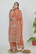 Terracotta orange Luxury Embroidered Chiffon 3PC Kurta Set