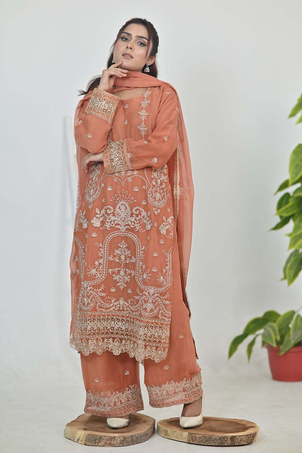 Terracotta orange Luxury Embroidered Chiffon 3PC Kurta Set