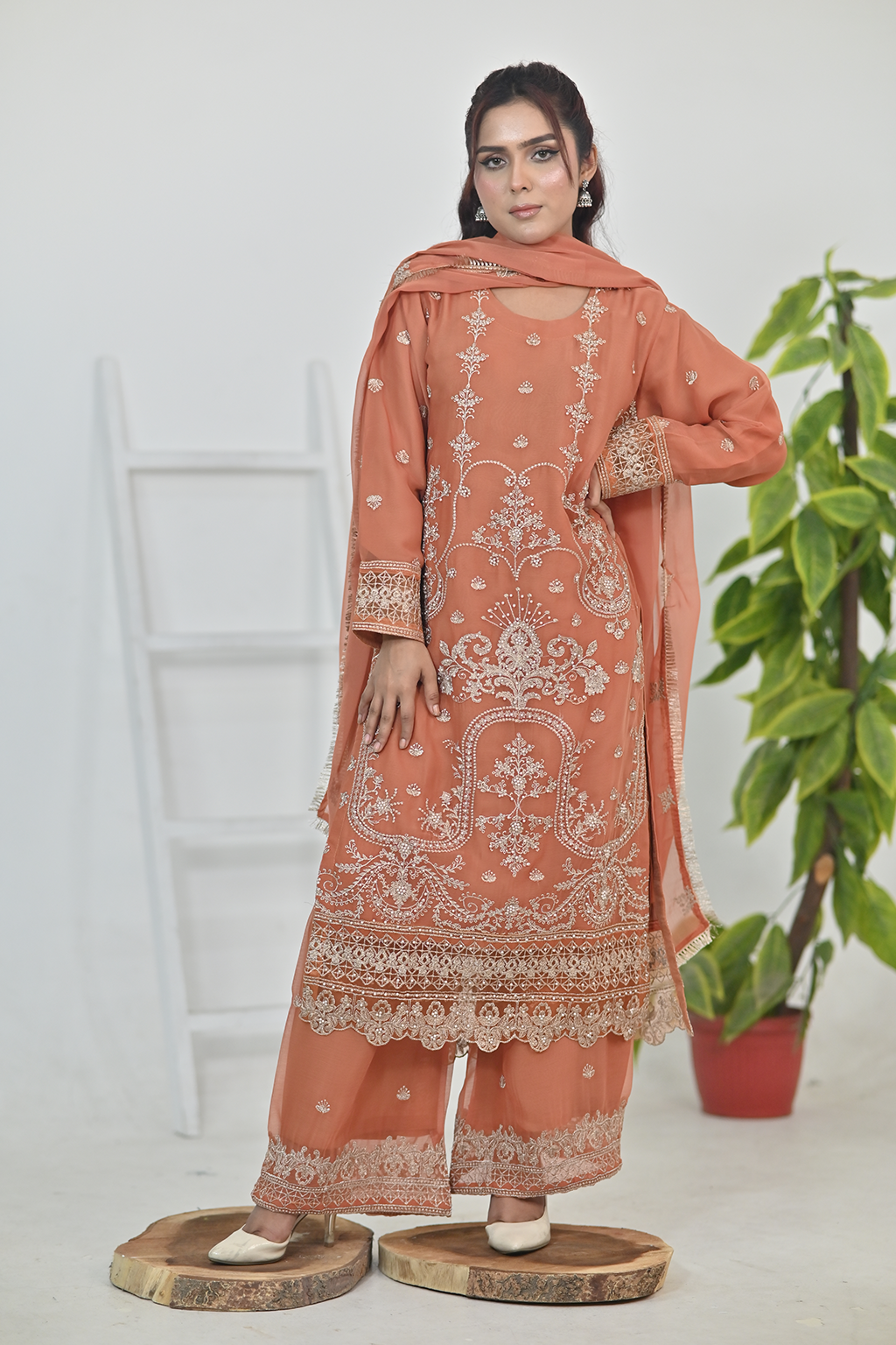 Terracotta orange Luxury Embroidered Chiffon 3PC Kurta Set