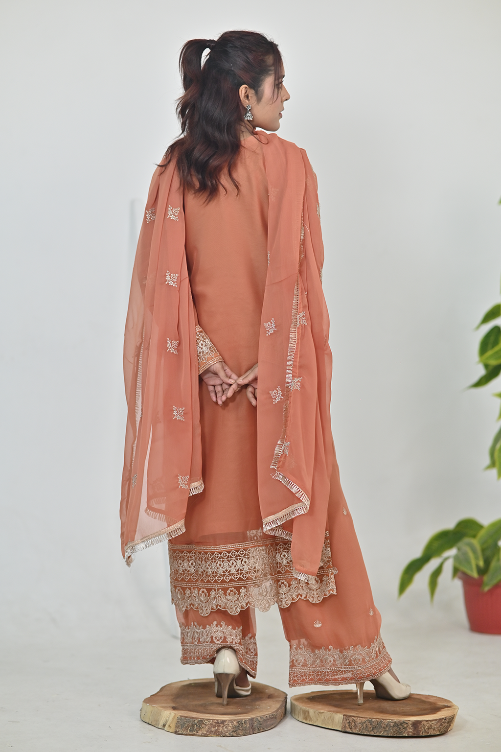 Terracotta orange Luxury Embroidered Chiffon 3PC Kurta Set