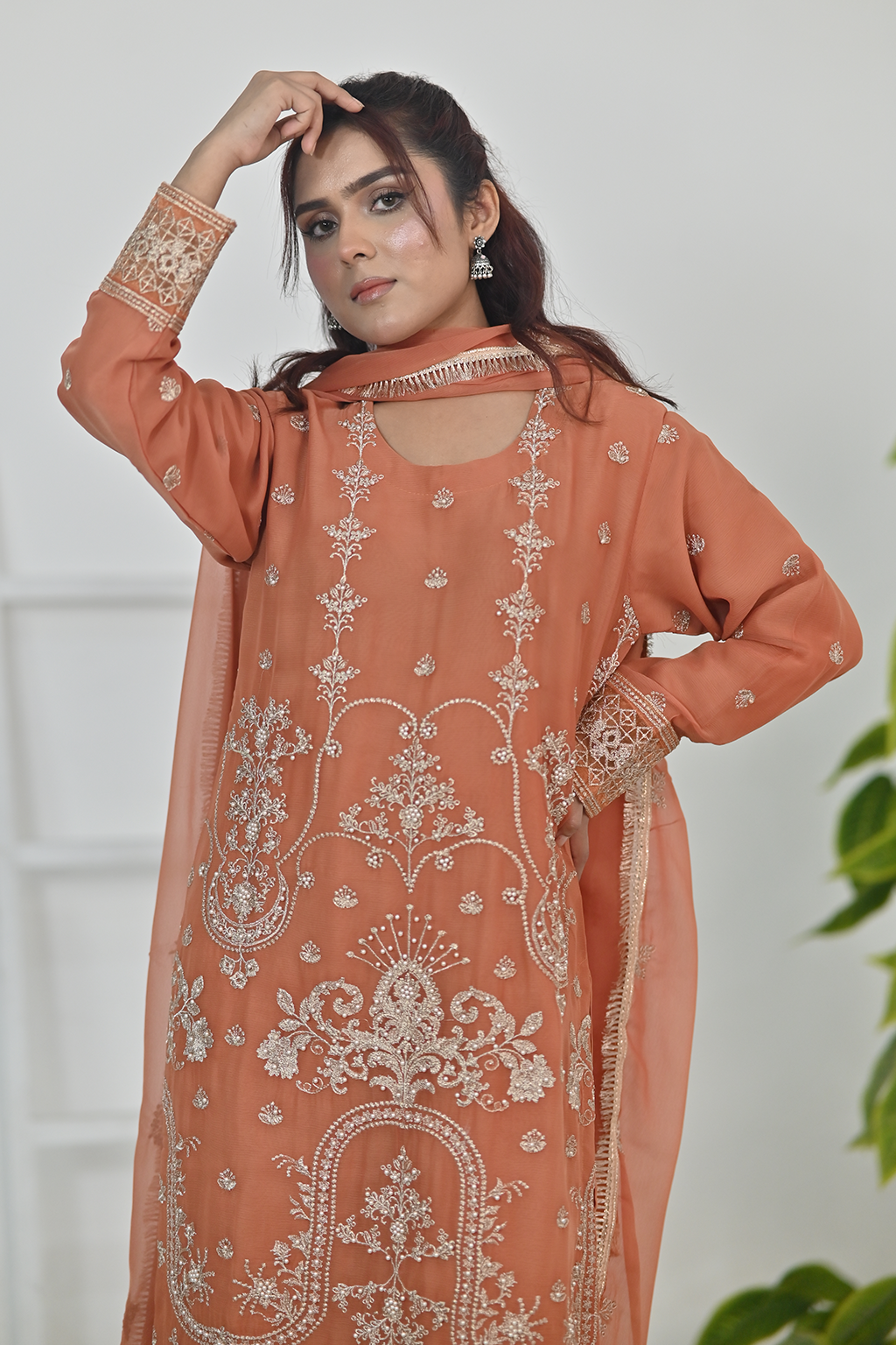 Terracotta orange Luxury Embroidered Chiffon 3PC Kurta Set