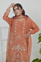 Terracotta orange Luxury Embroidered Chiffon 3PC Kurta Set
