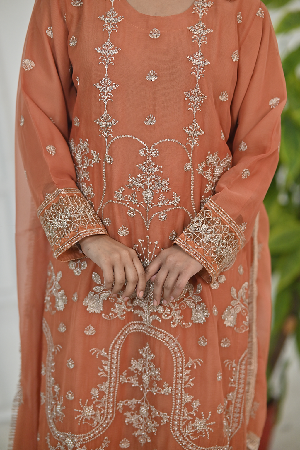 Terracotta orange Luxury Embroidered Chiffon 3PC Kurta Set