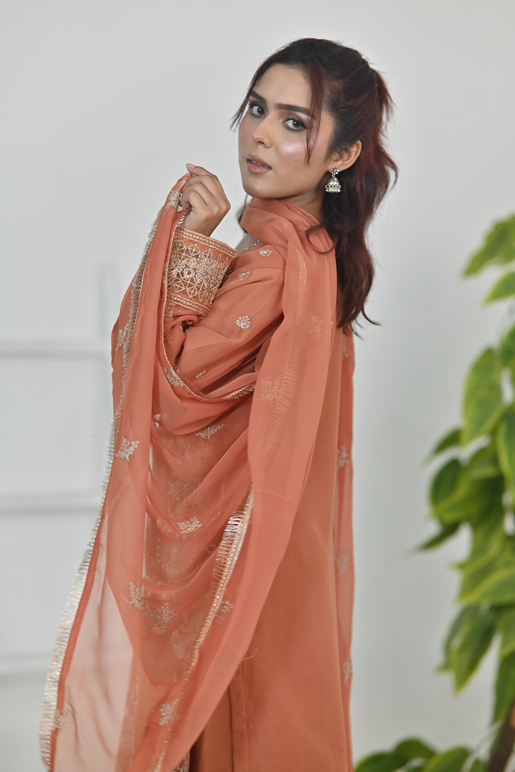 Terracotta orange Luxury Embroidered Chiffon 3PC Kurta Set