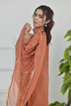 Terracotta orange Luxury Embroidered Chiffon 3PC Kurta Set