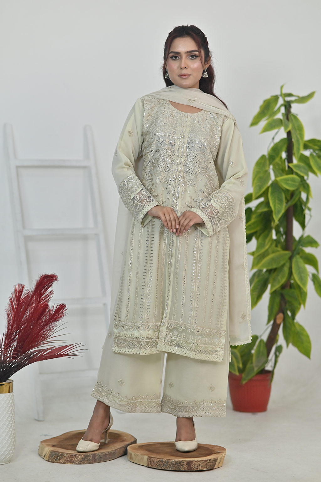 Cream Luxury Embroidered Occasion Edit  3PC Kurta Set