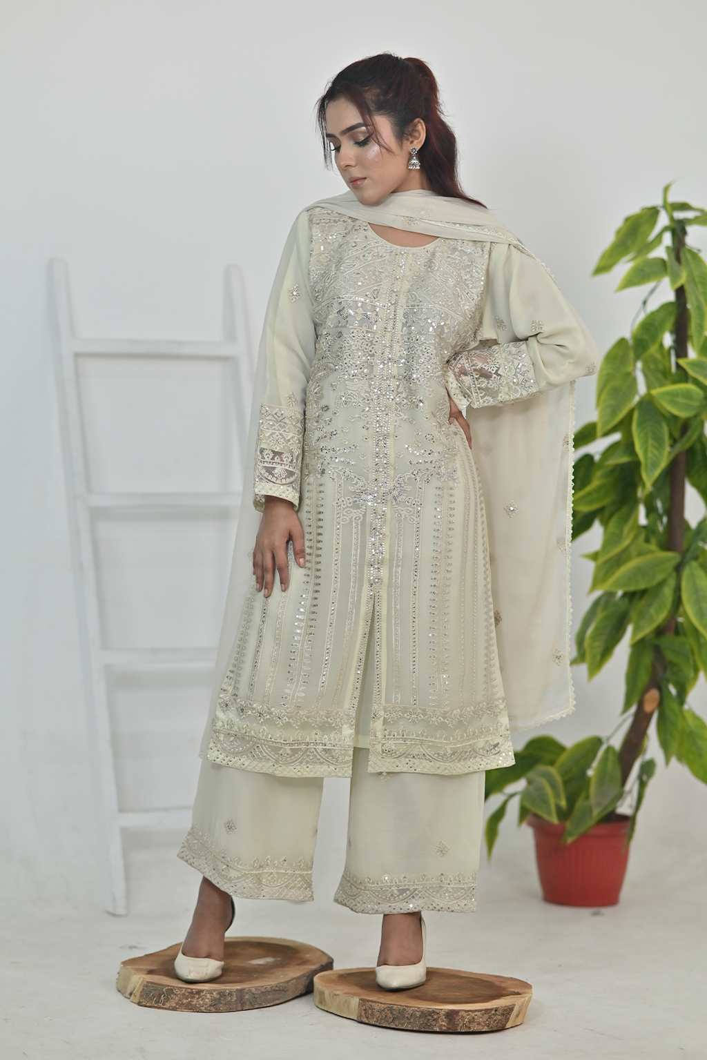 Cream Luxury Embroidered Occasion Edit  3PC Kurta Set