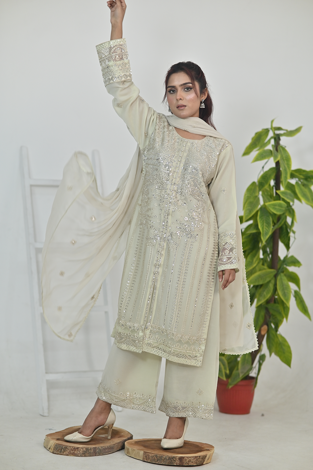 Cream Luxury Embroidered Occasion Edit  3PC Kurta Set