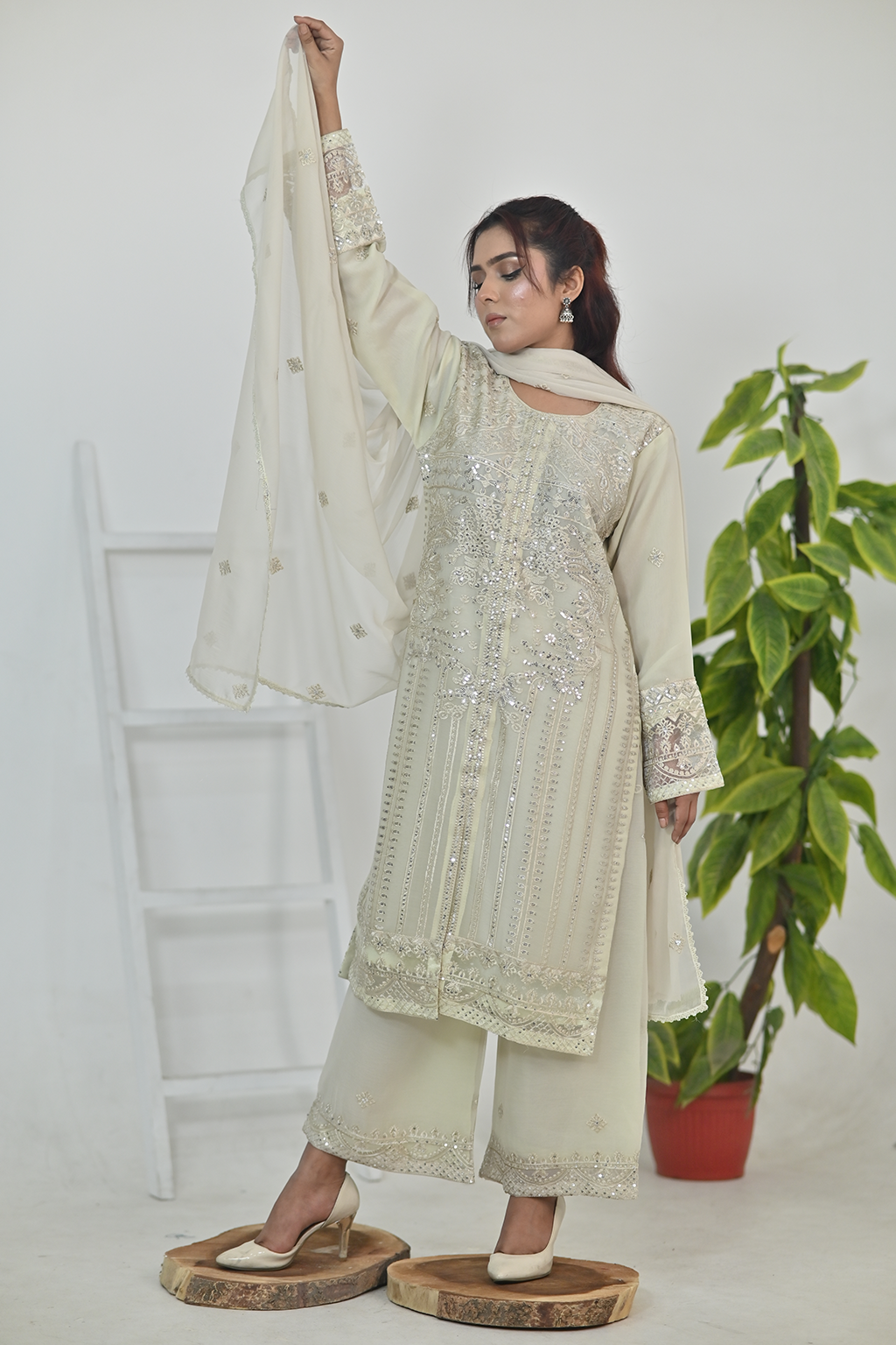 Cream Luxury Embroidered Occasion Edit  3PC Kurta Set