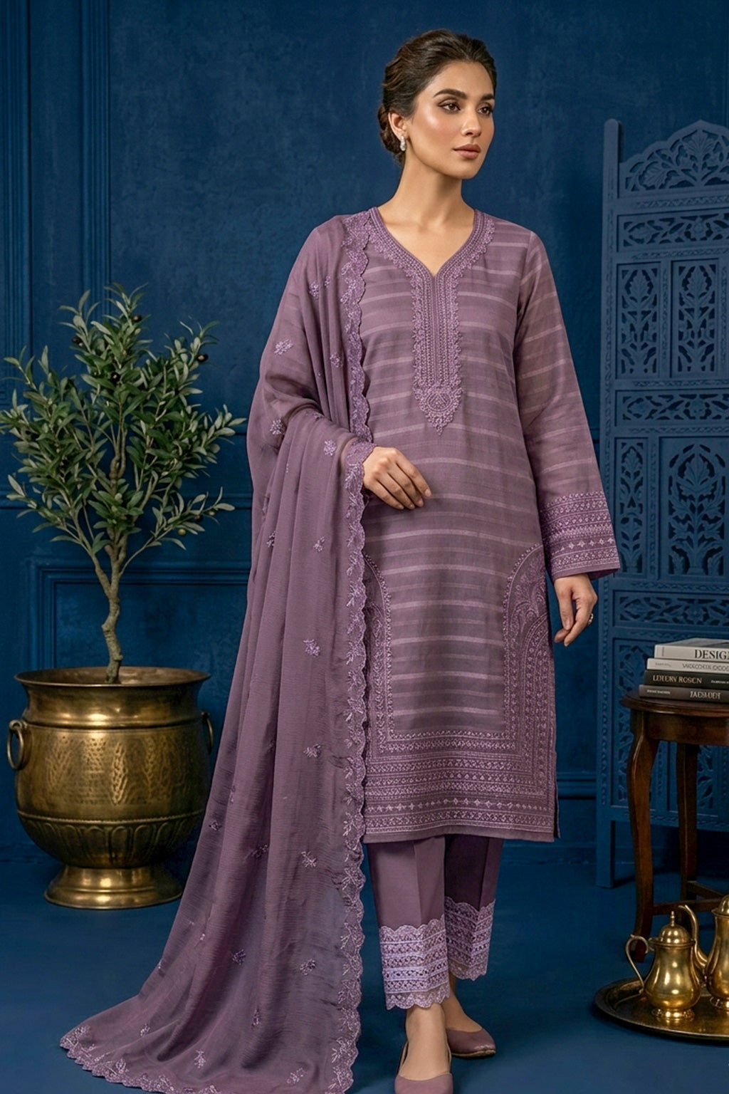 Dusty Mauve Purple – Premium Unstitched Embroidered Lawn 3PC Dress with Lawn Dupatta