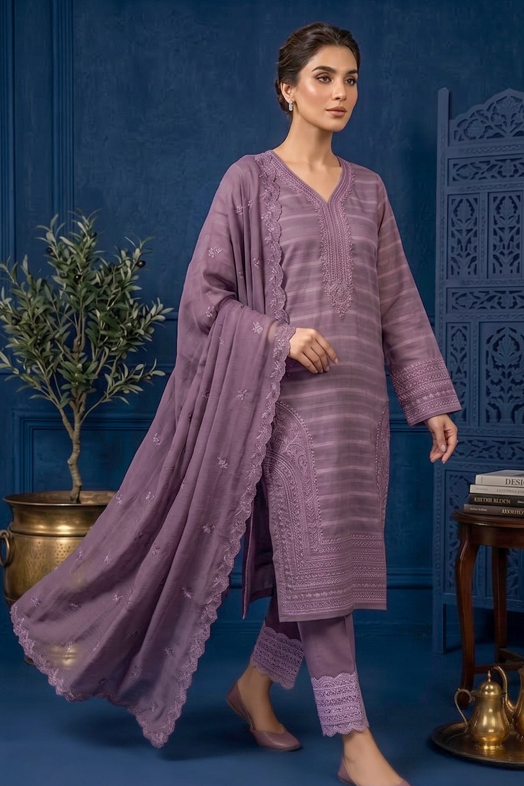 Dusty Mauve Purple – Premium Unstitched Embroidered Lawn 3PC Dress with Lawn Dupatta