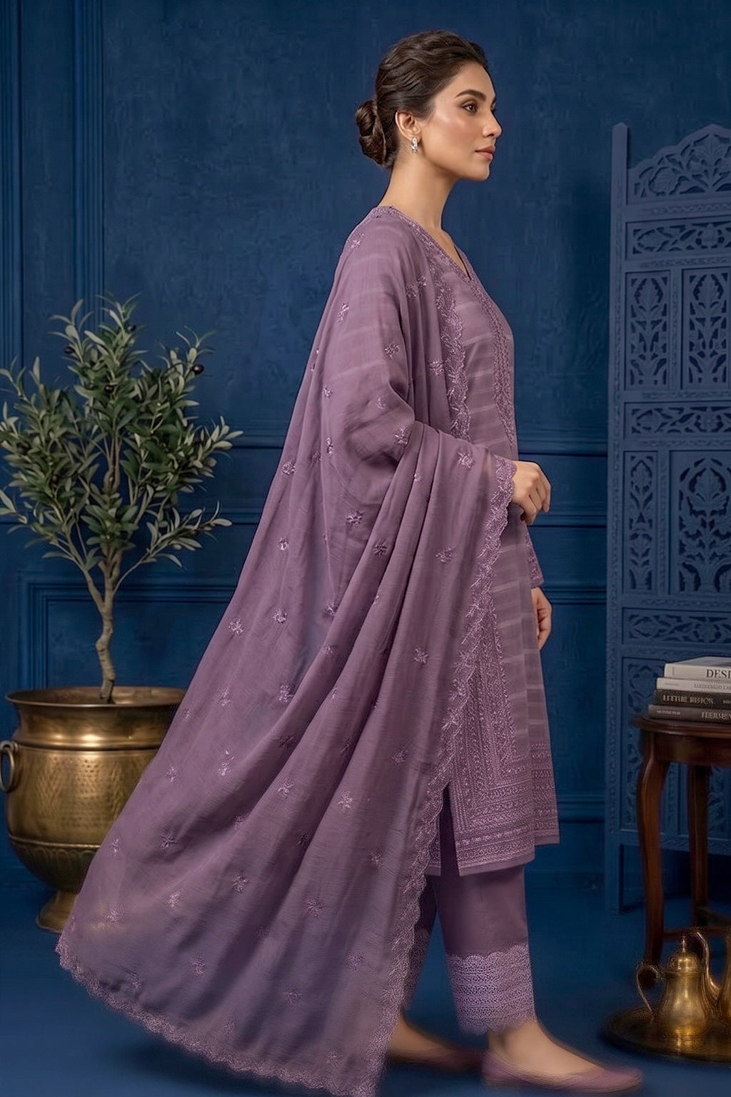 Dusty Mauve Purple – Premium Unstitched Embroidered Lawn 3PC Dress with Lawn Dupatta