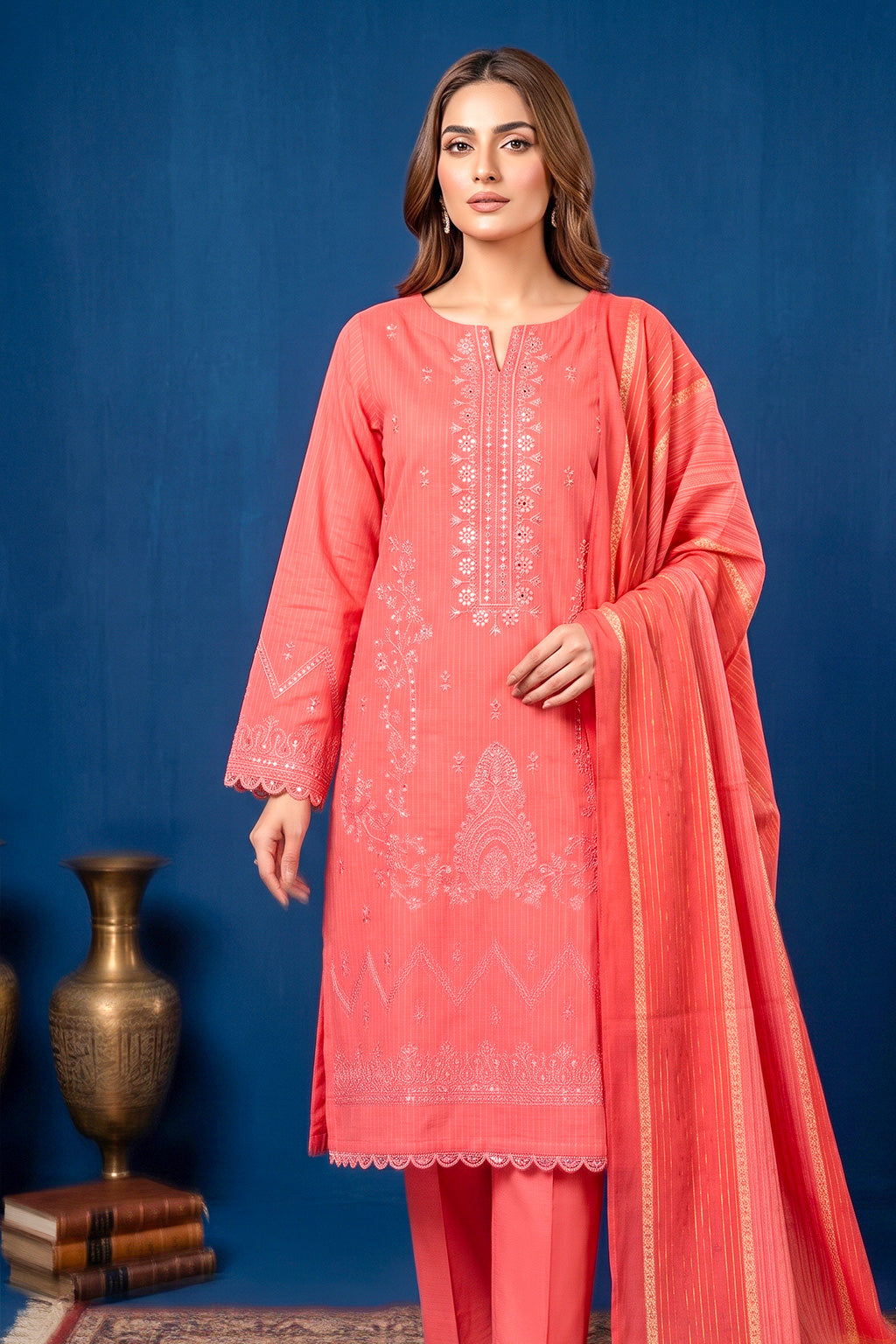 Coral Pink – Premium Unstitched Embroidered Lawn 3PC Dress with Lawn Dupatta
