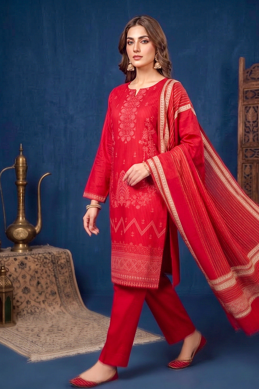 Bright Cherry Red – Premium Unstitched Embroidered Lawn 3PC Dress with Printed Dupatta