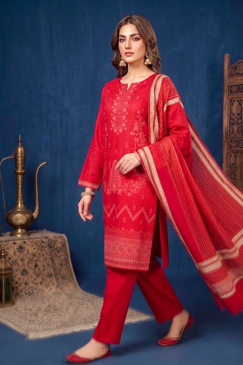 Bright Cherry Red – Premium Unstitched Embroidered Lawn 3PC Dress with Printed Dupatta