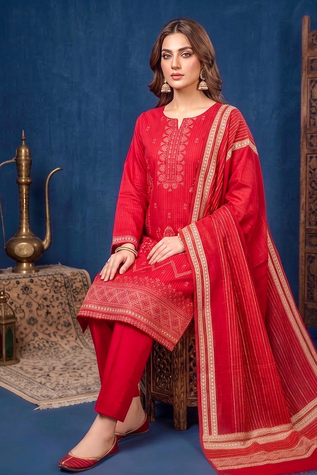 Bright Cherry Red – Premium Unstitched Embroidered Lawn 3PC Dress with Printed Dupatta
