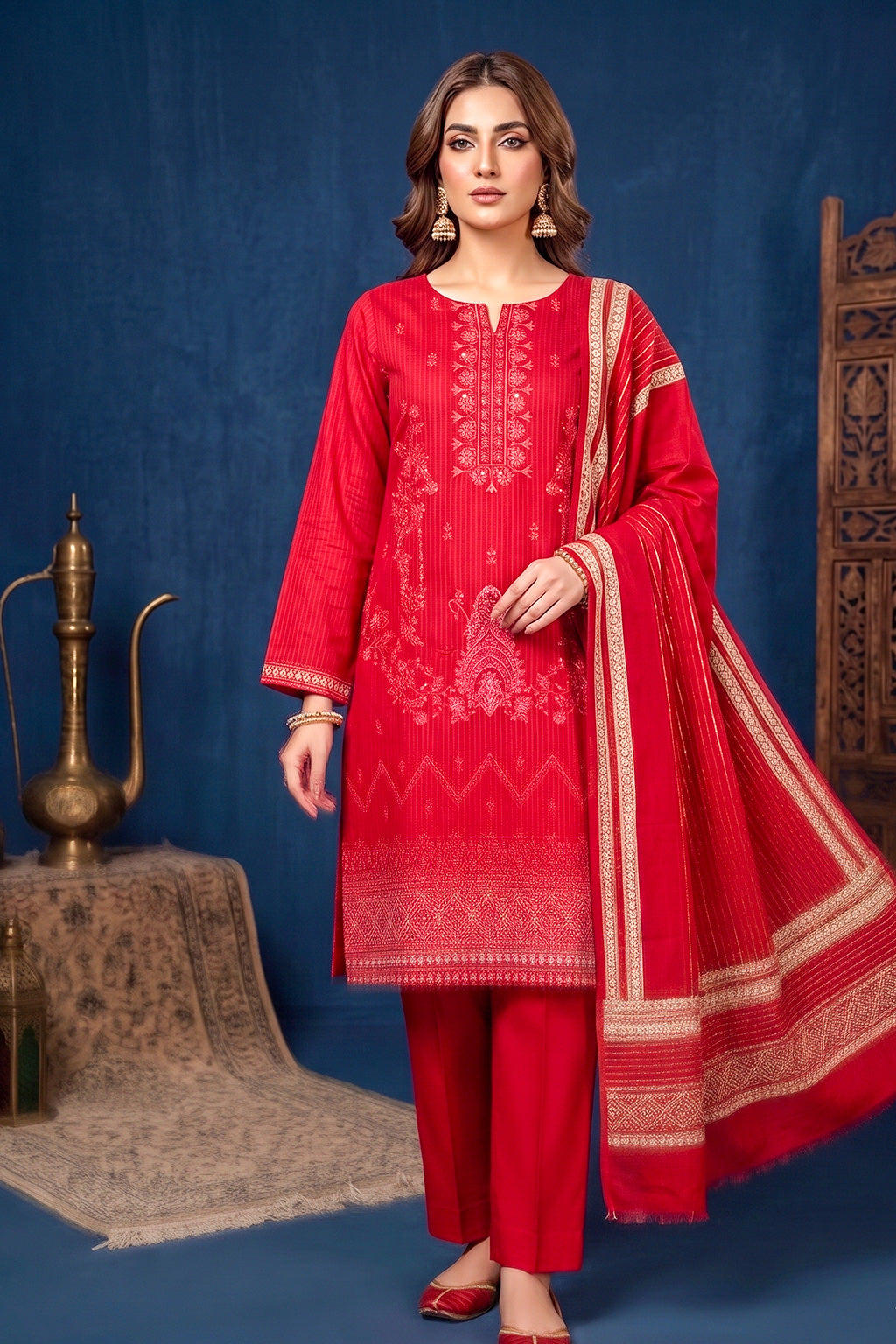 Bright Cherry Red – Premium Unstitched Embroidered Lawn 3PC Dress with Printed Dupatta