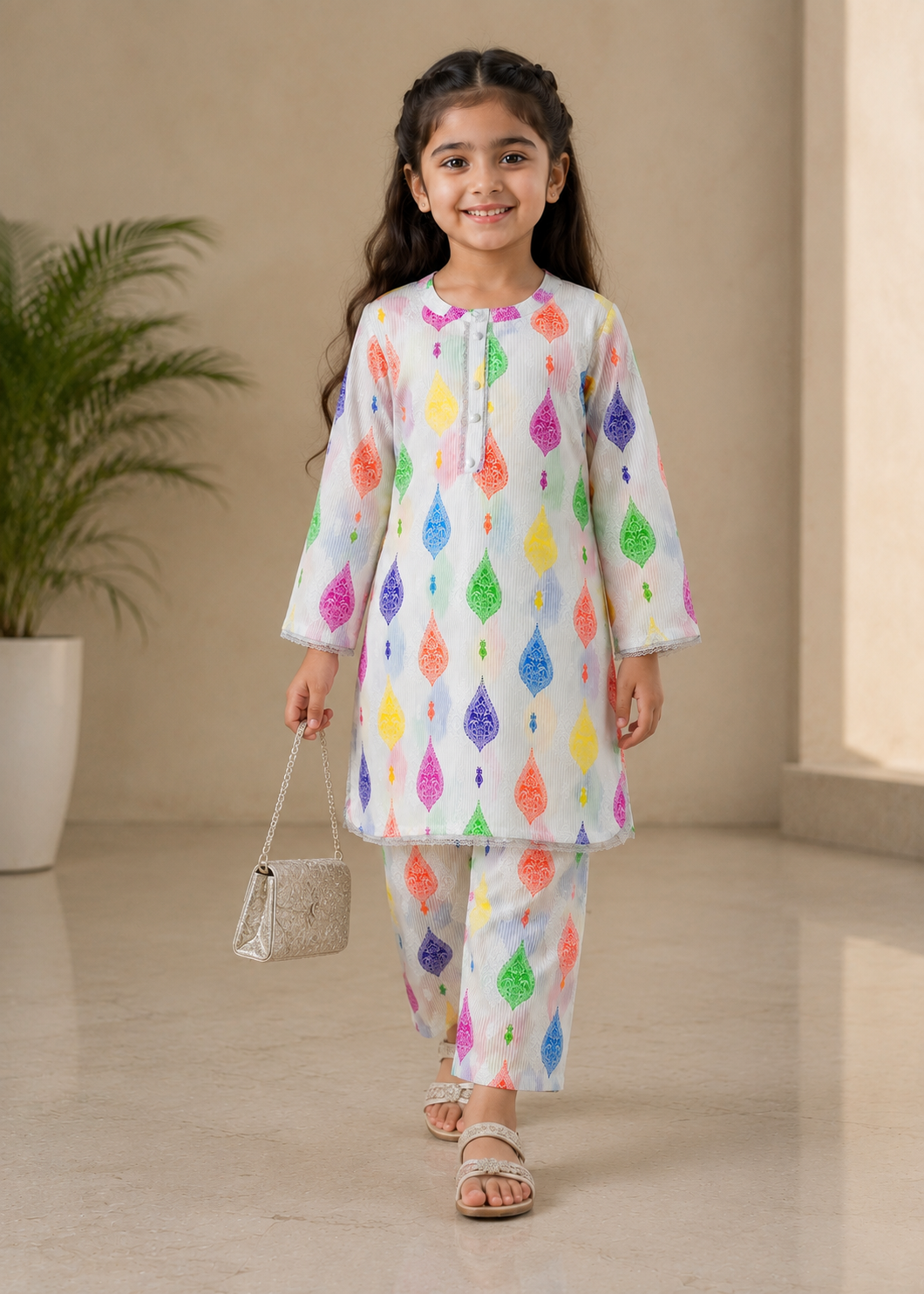 Kids White Multi-Color Printed Slub Lawn Cotton Set