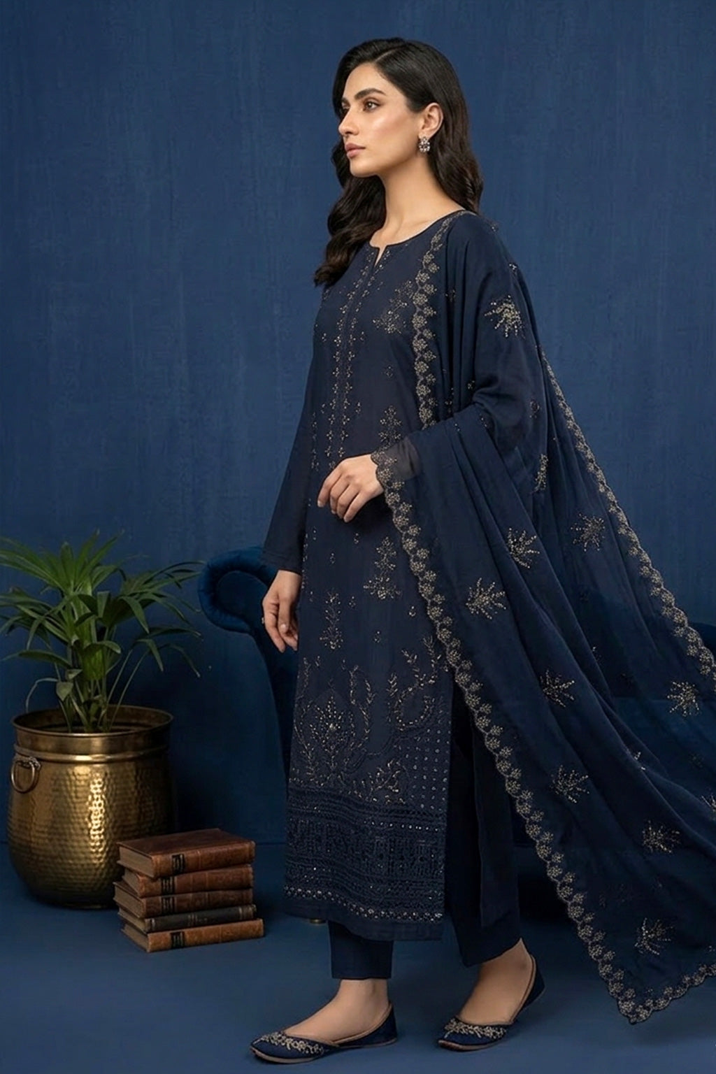 Dark Charcoal Grey  – Premium Unstitched Embroidered Lawn 3PC Dress with Chiffon Dupatta
