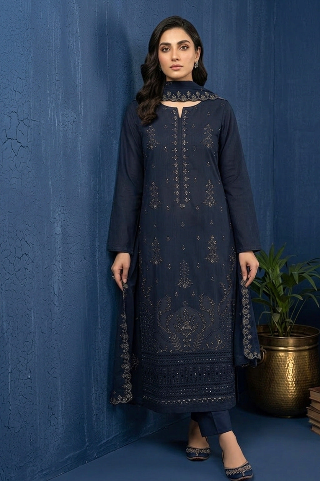 Dark Charcoal Grey  – Premium Unstitched Embroidered Lawn 3PC Dress with Chiffon Dupatta