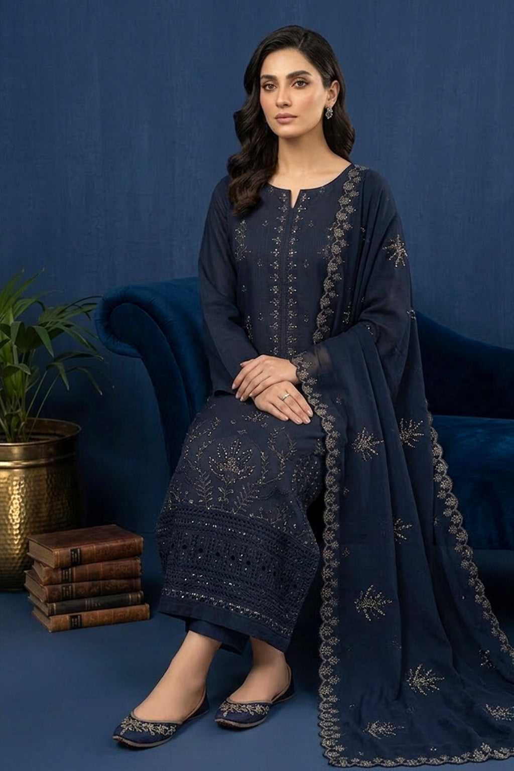 Slate Blue Grey– Premium Unstitched Embroidered Lawn 3PC Dress with Lawn Dupatta