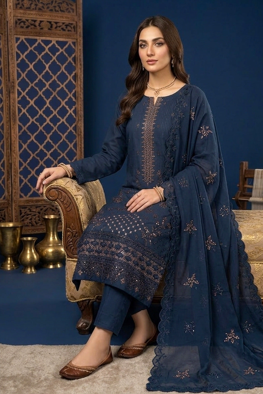 Slate Blue Grey– Premium Unstitched Embroidered Lawn 3PC Dress with Lawn Dupatta