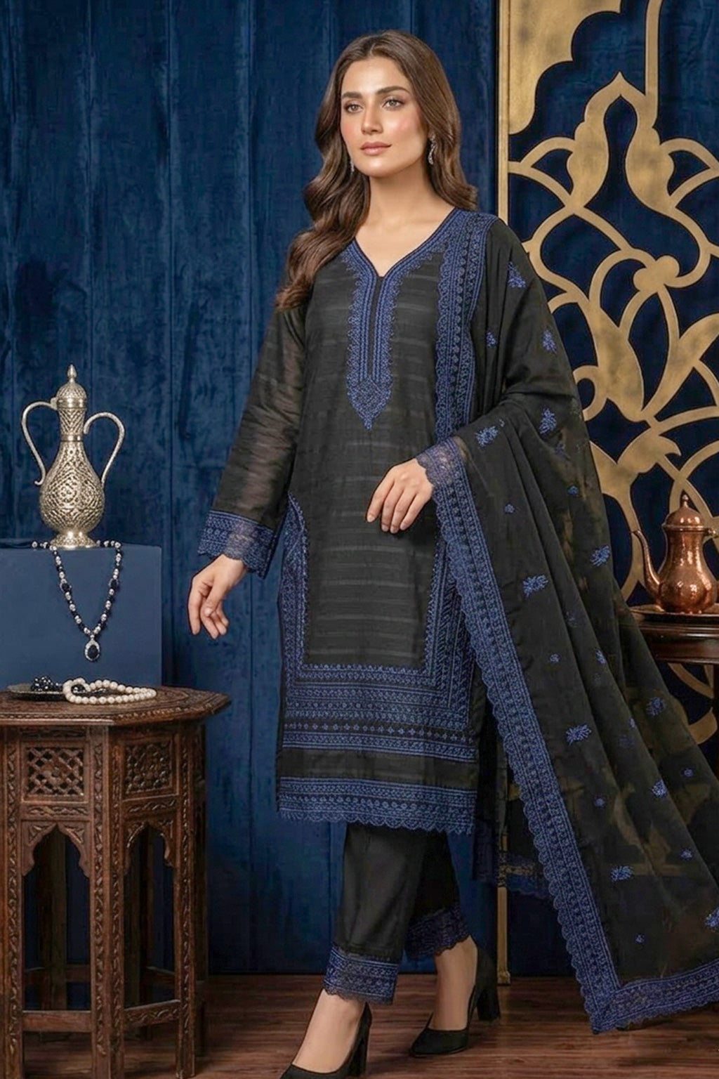 Slate Blue Grey– Premium Unstitched Embroidered Lawn 3PC Dress with Lawn Dupatta