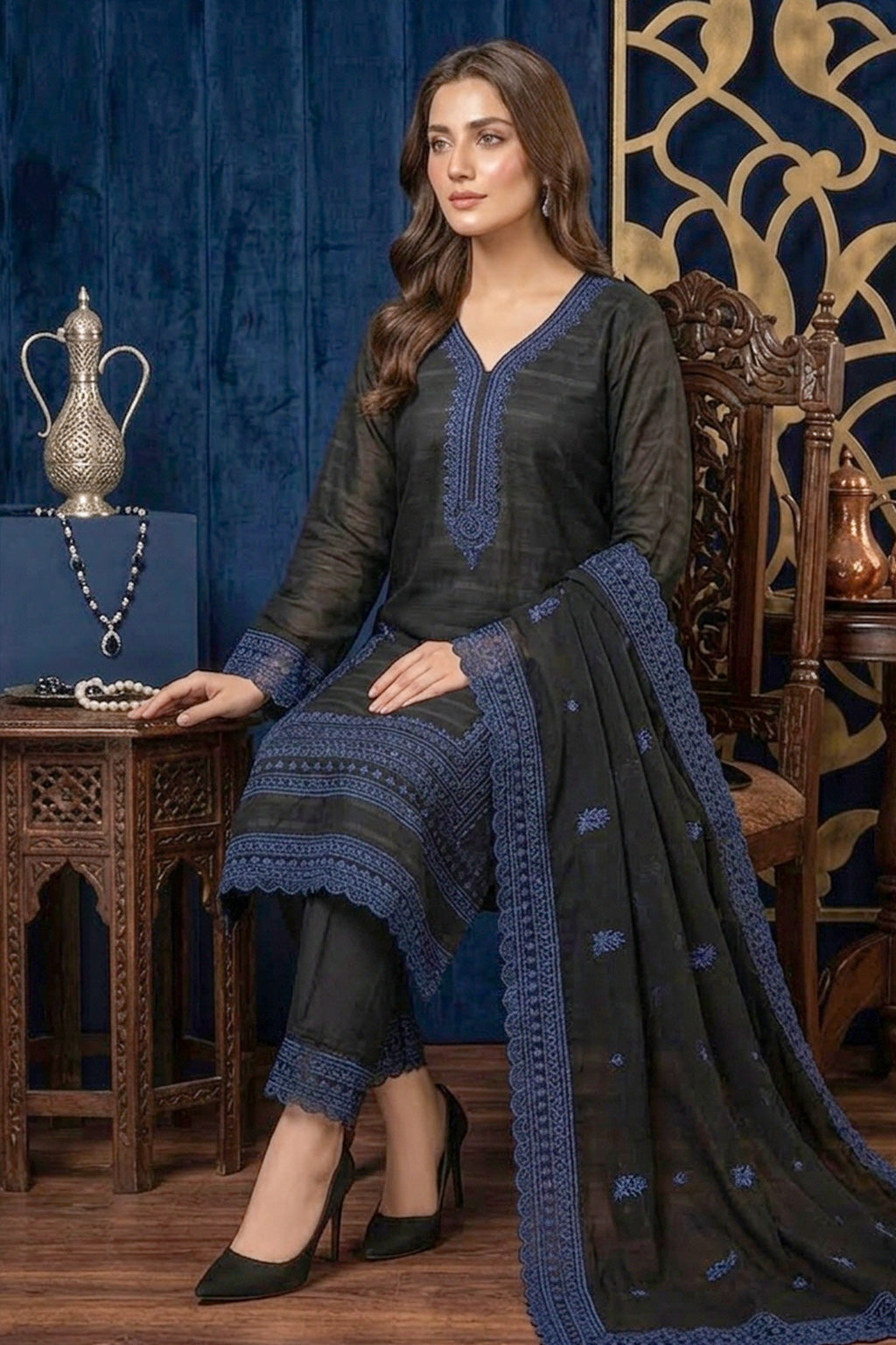 Dark Navy Blue  – Premium Unstitched Embroidered Lawn 3PC Dress with Chiffon Dupatta