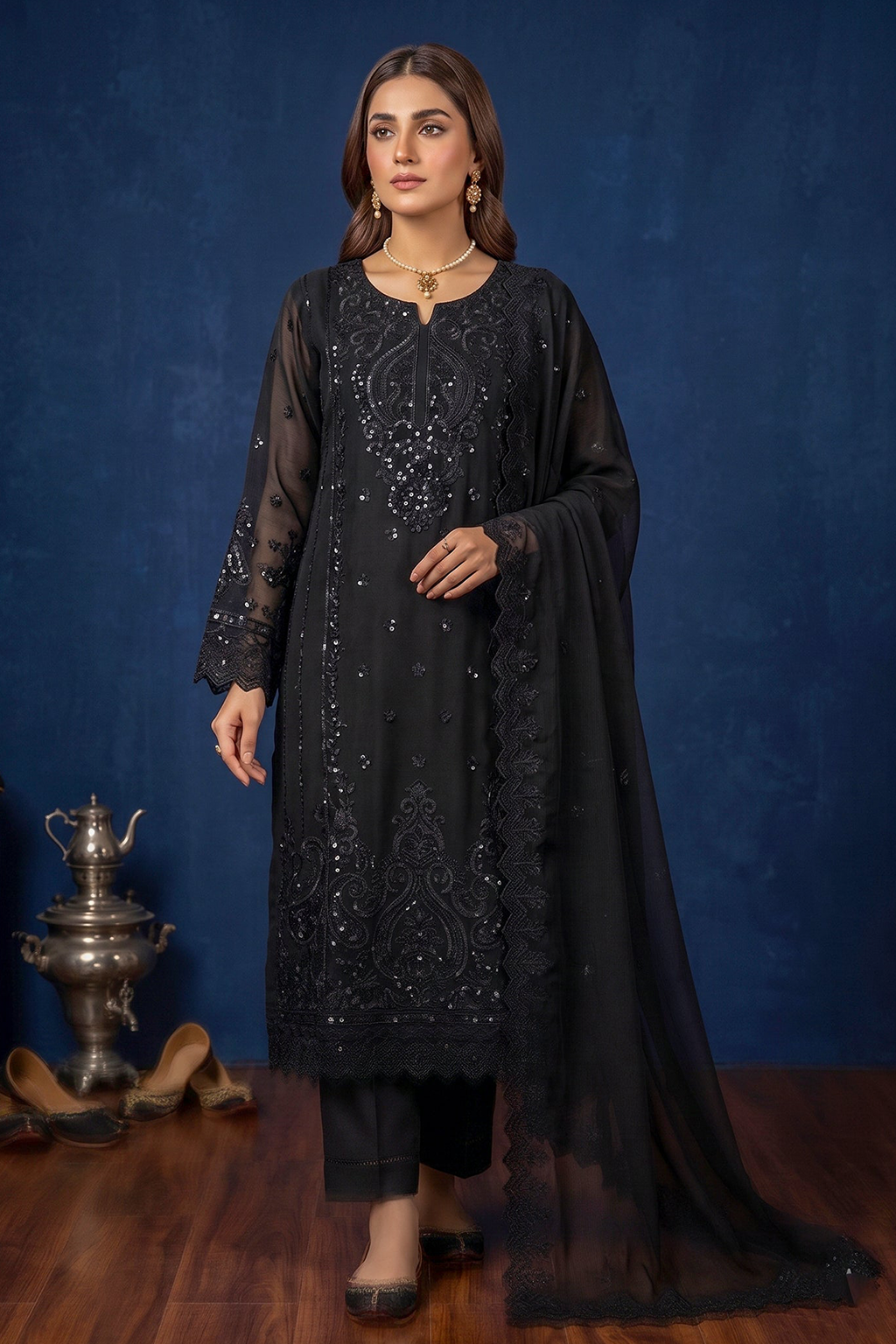 Black Jet Luxury Embroidered Occasion Edit  3PC Kurta Set