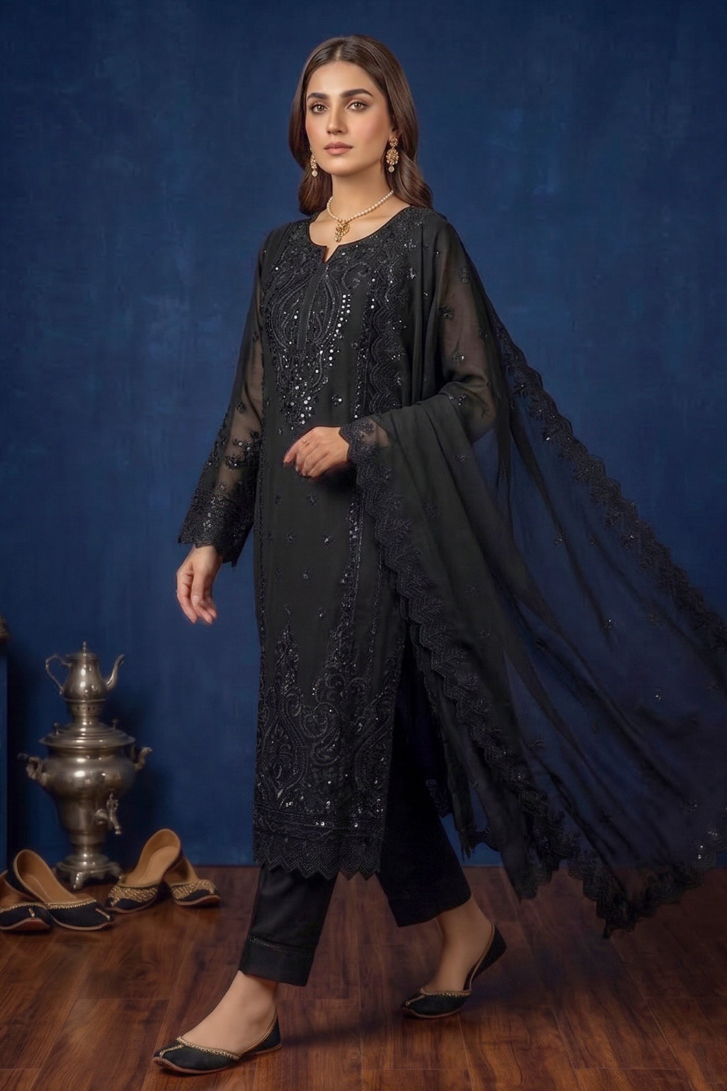 Black Jet Luxury Embroidered Occasion Edit  3PC Kurta Set