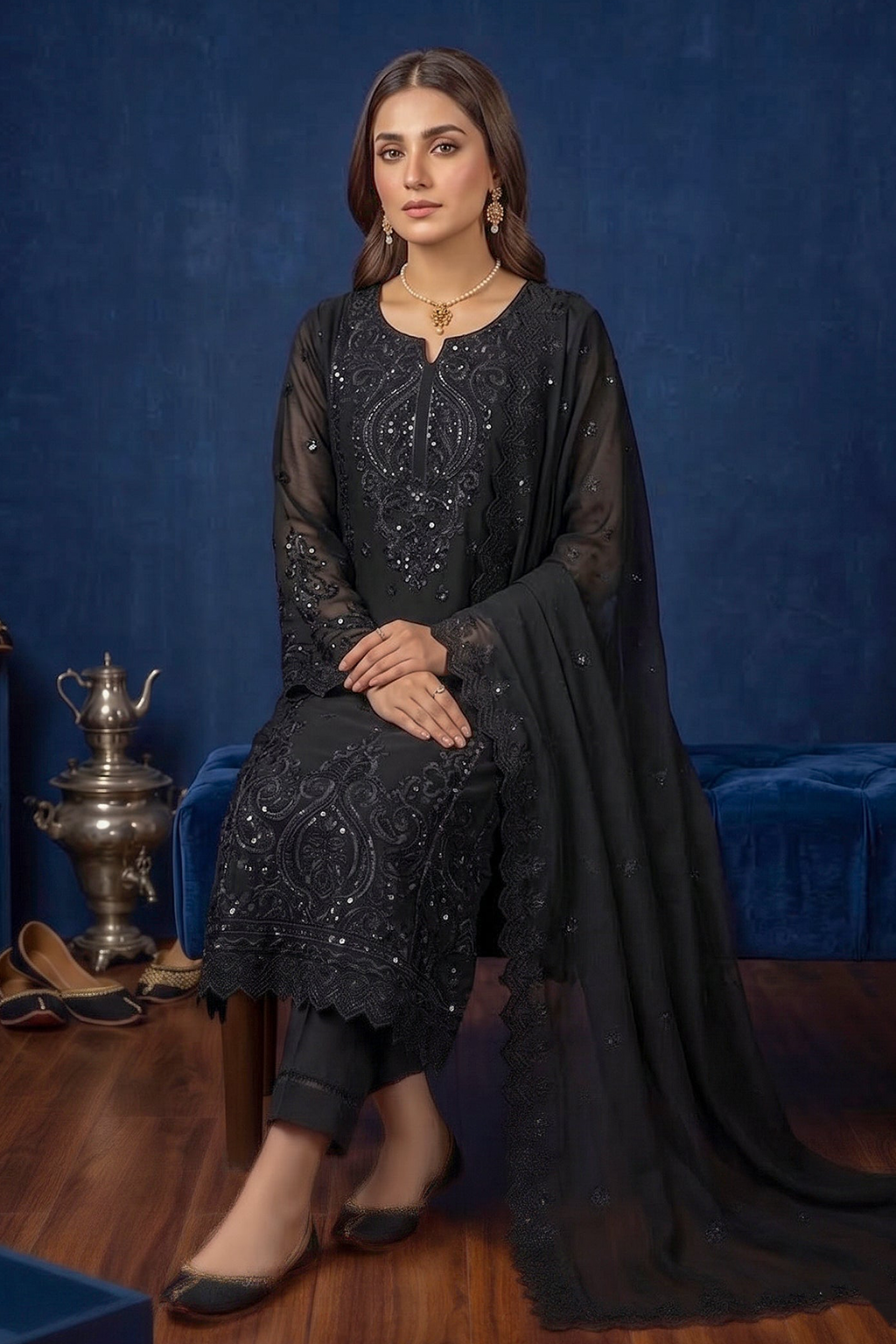 Black Jet Luxury Embroidered Occasion Edit  3PC Kurta Set