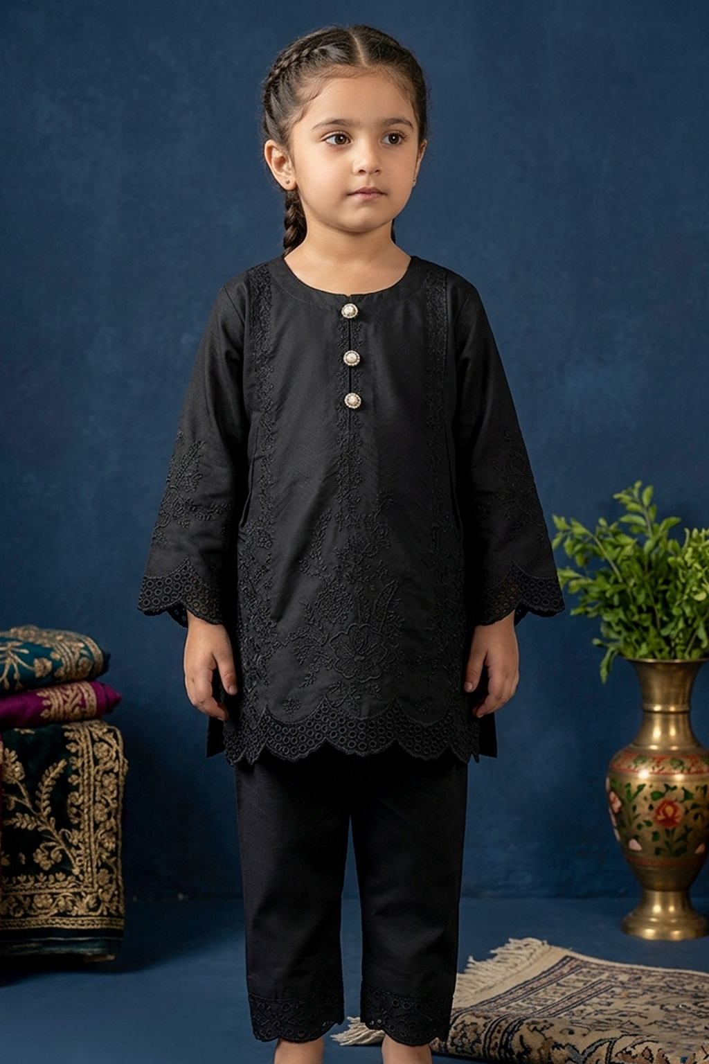 Jet Black Embroidered Cotton Jacquard Short Kurta for Girls