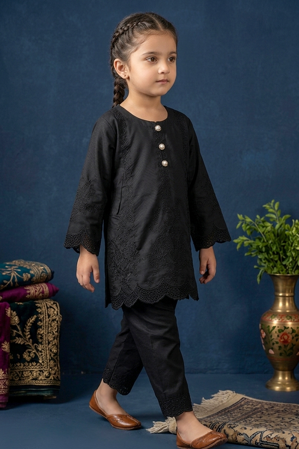Jet Black Embroidered Cotton Jacquard Short Kurta for Girls